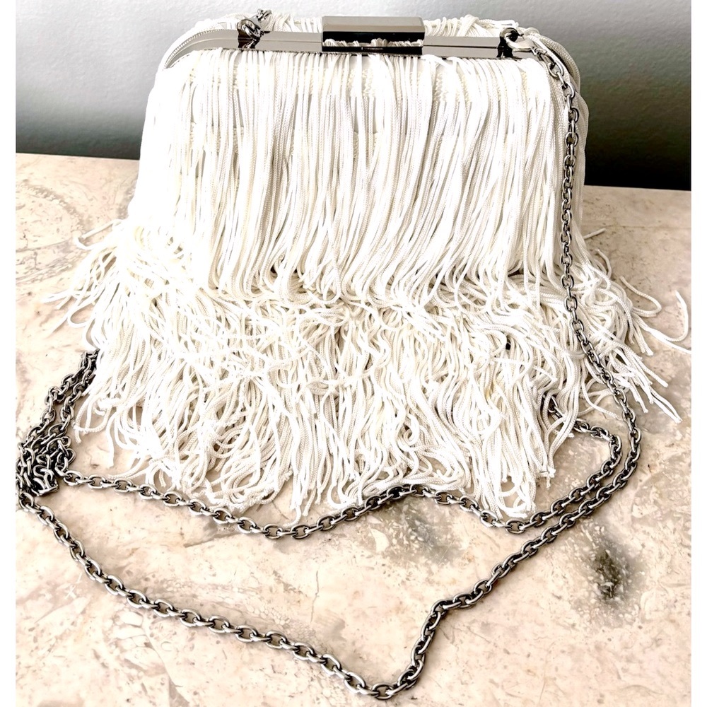 White event purse layered tassels and fringe silver shoulder chain-INC - Picture 2 of 6